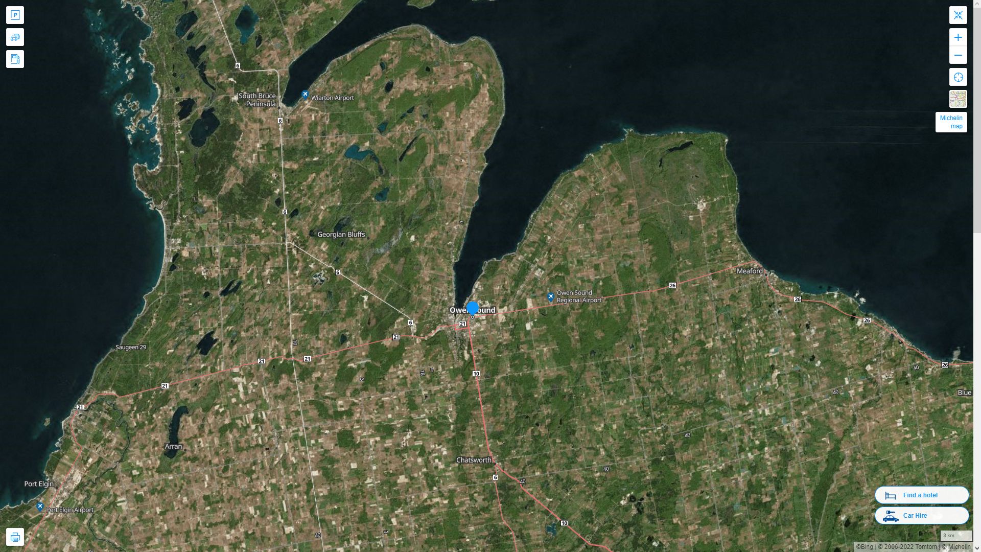 Owen Sound Canada Autoroute et carte routiere avec vue satellite